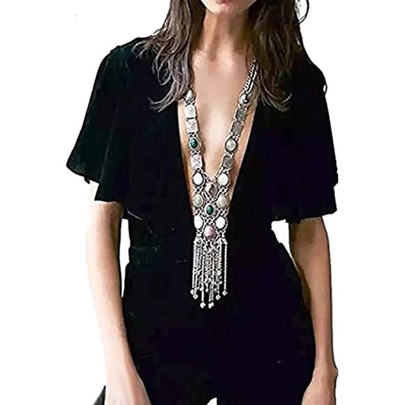 Long Silver Necklace Turquoise  Gemstone Boho Ethnic Tribal Necklace Bohemian - Picture 3 of 6